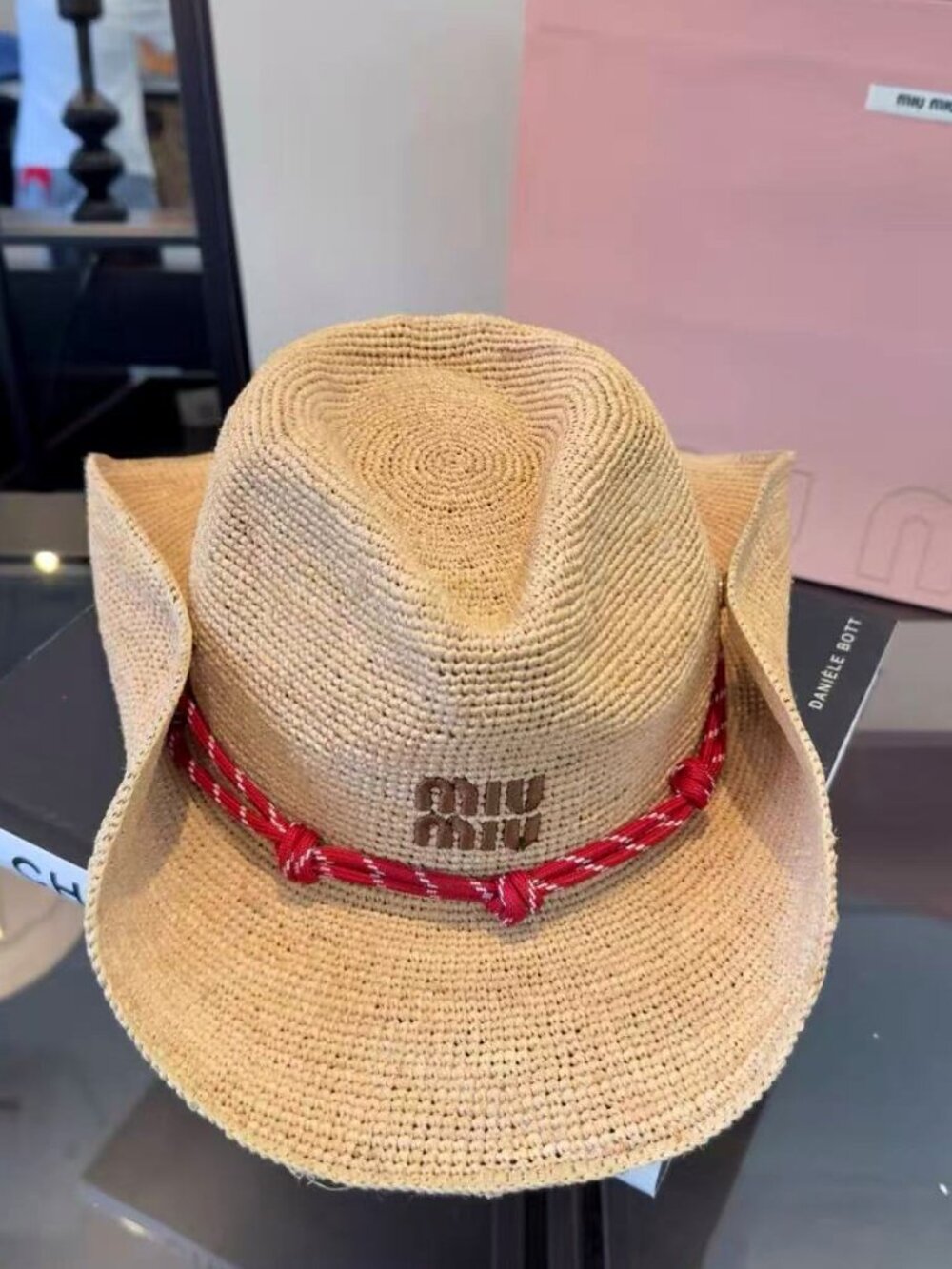 Miu Miu Foldable Raffia Wide Brim Travel Sun Hat